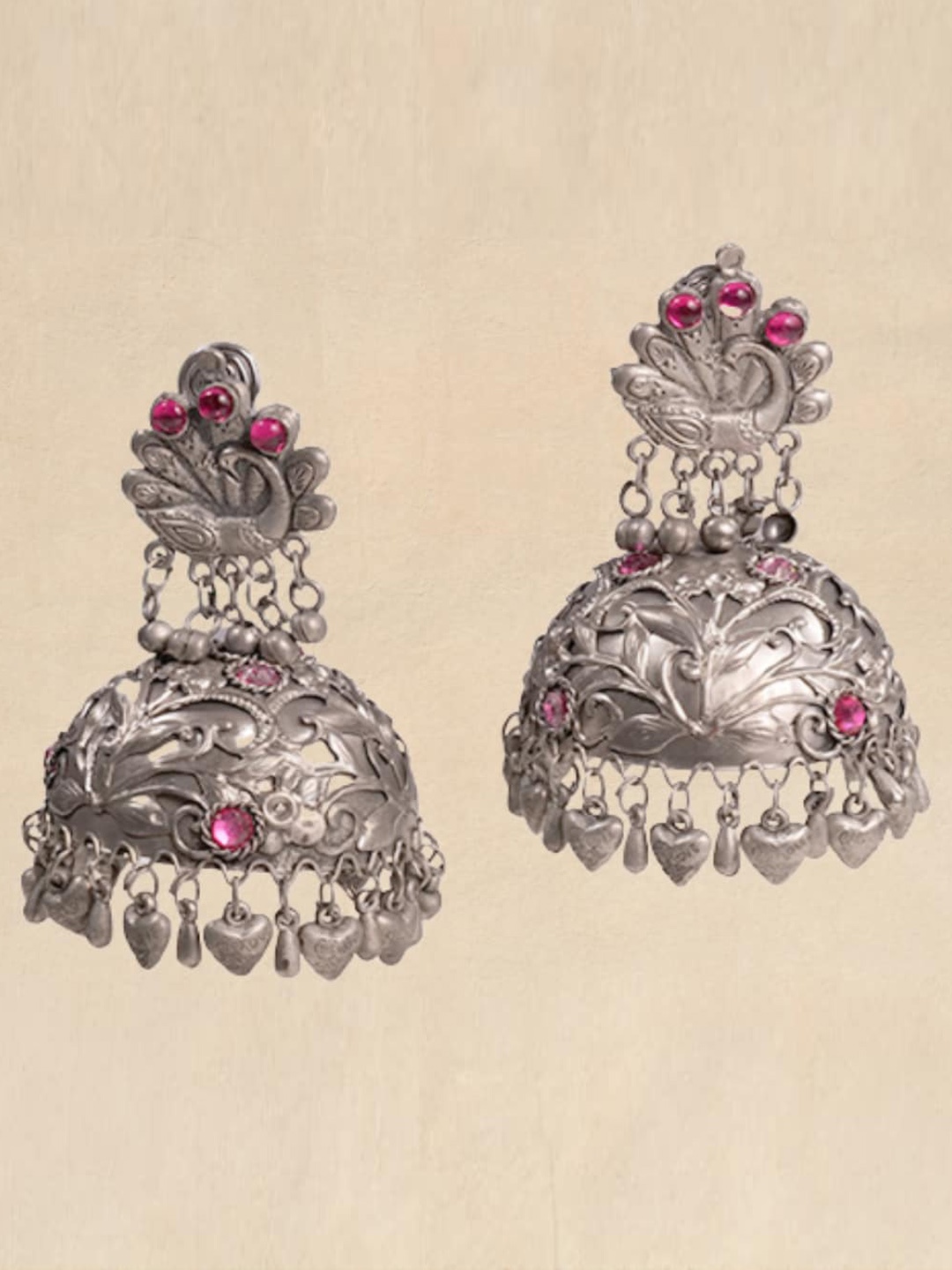 

Pihtara Jewels Silver-Plated Dome Shaped Stone Studded Big Oxidised Jhumkas