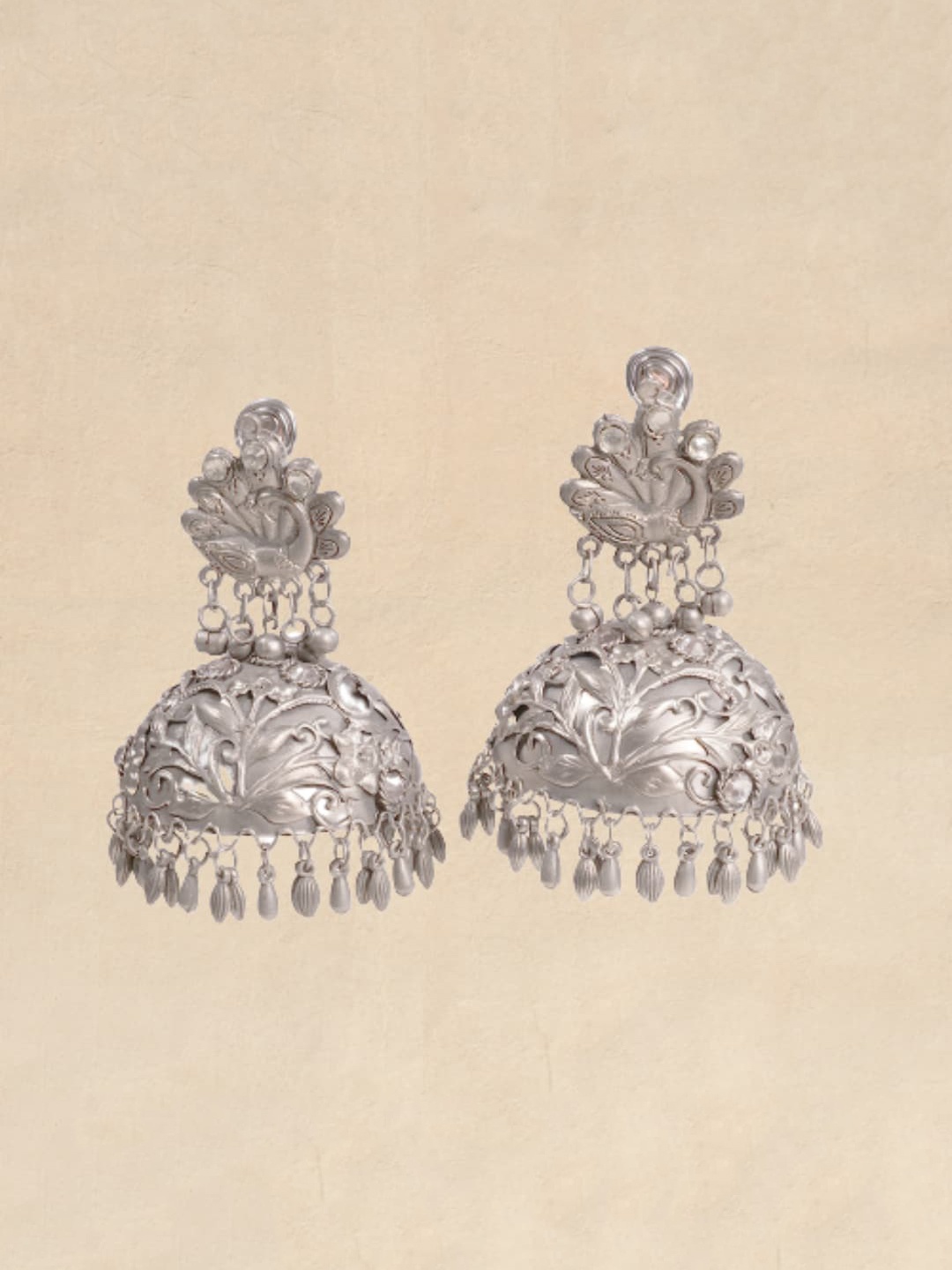 

Pihtara Jewels Silver-Plated Dome Shaped Oxidised Jhumkas