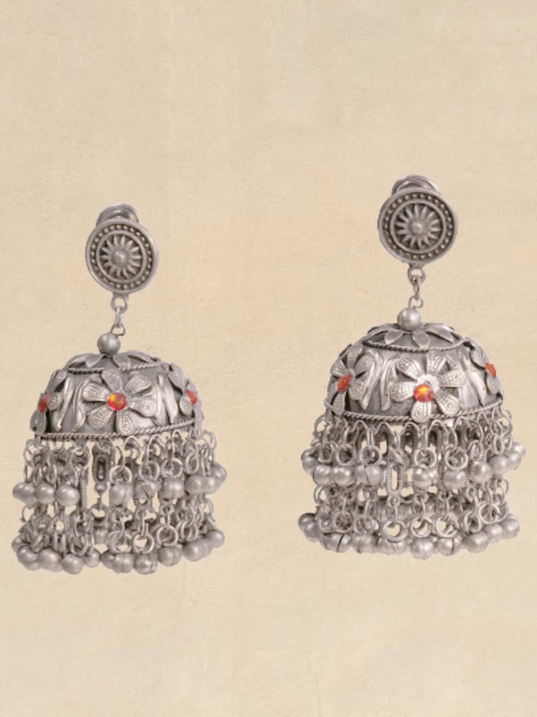 

Pihtara Jewels Silver-Plated Stone-Studded Dome Shaped Oxidised Jhumkas