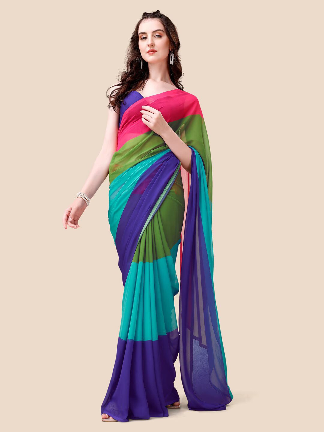 

VILLAGIUS Colourblocked Pure Georgette Saree, Navy blue