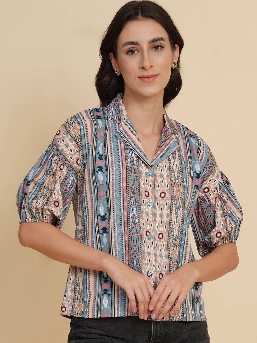 

Fbella Ethnic Motifs Printed Drop Shoulder Sleeves Casual Shirt, Beige