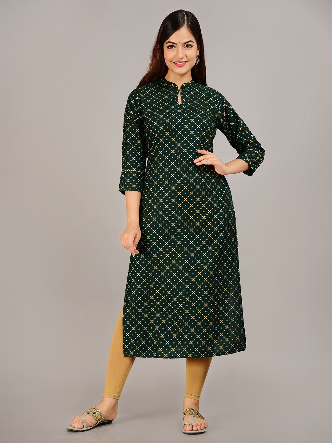 

SAK JAIPUR Ethnic Motifs Printed Keyhole Neck Kurta, Green