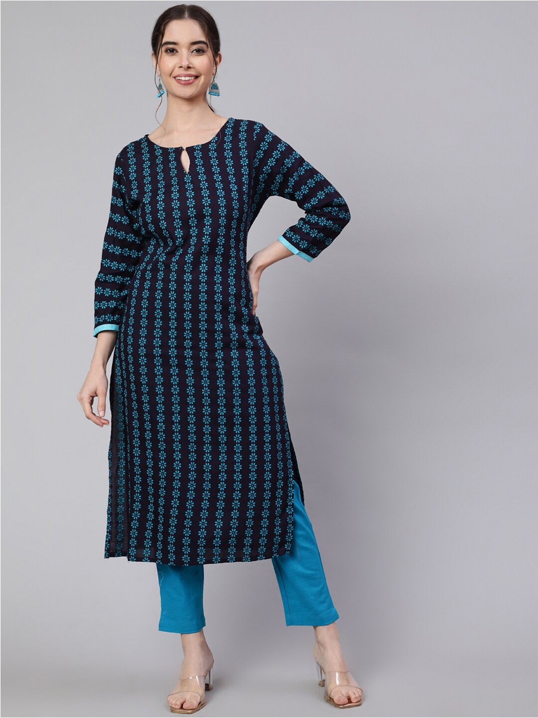 

SAK JAIPUR Floral Printed Straight Kurta, Navy blue