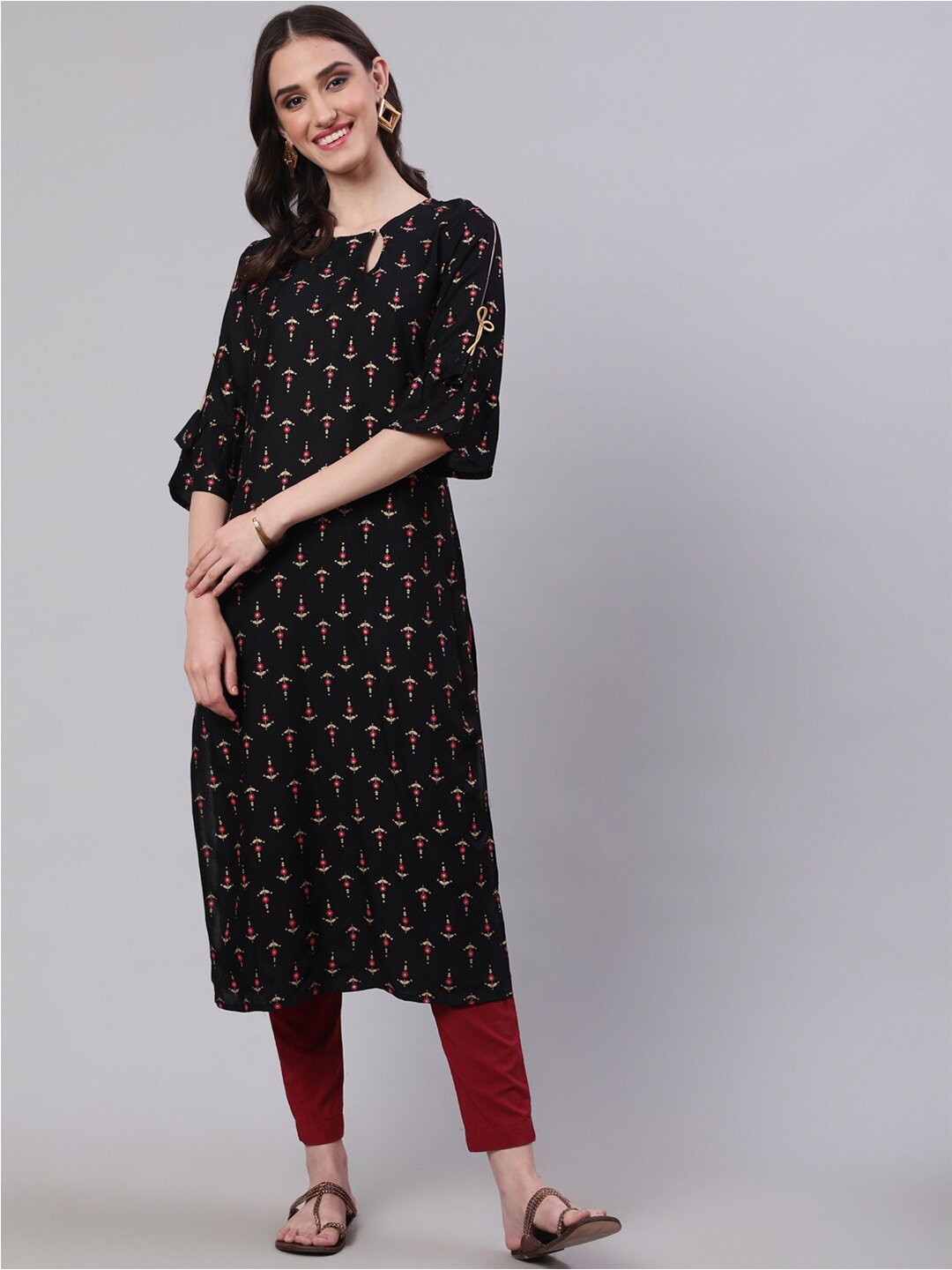 SAK JAIPUR Ethnic Motifs Printed Keyhole Neck Bell Sleeves Kurta, Black