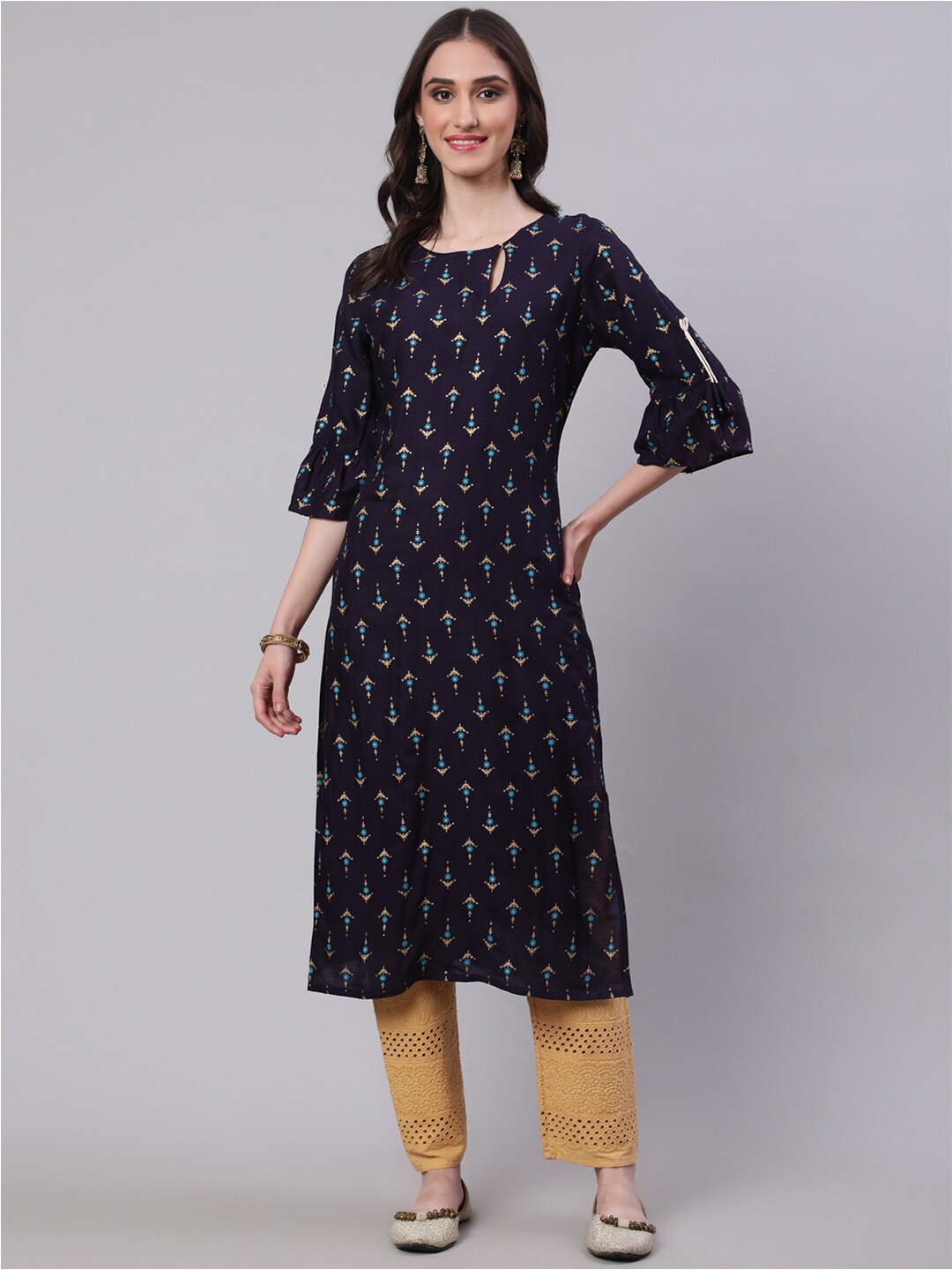 

SAK JAIPUR Ethnic Printed Keyhole Neck Straight Kurta, Navy blue
