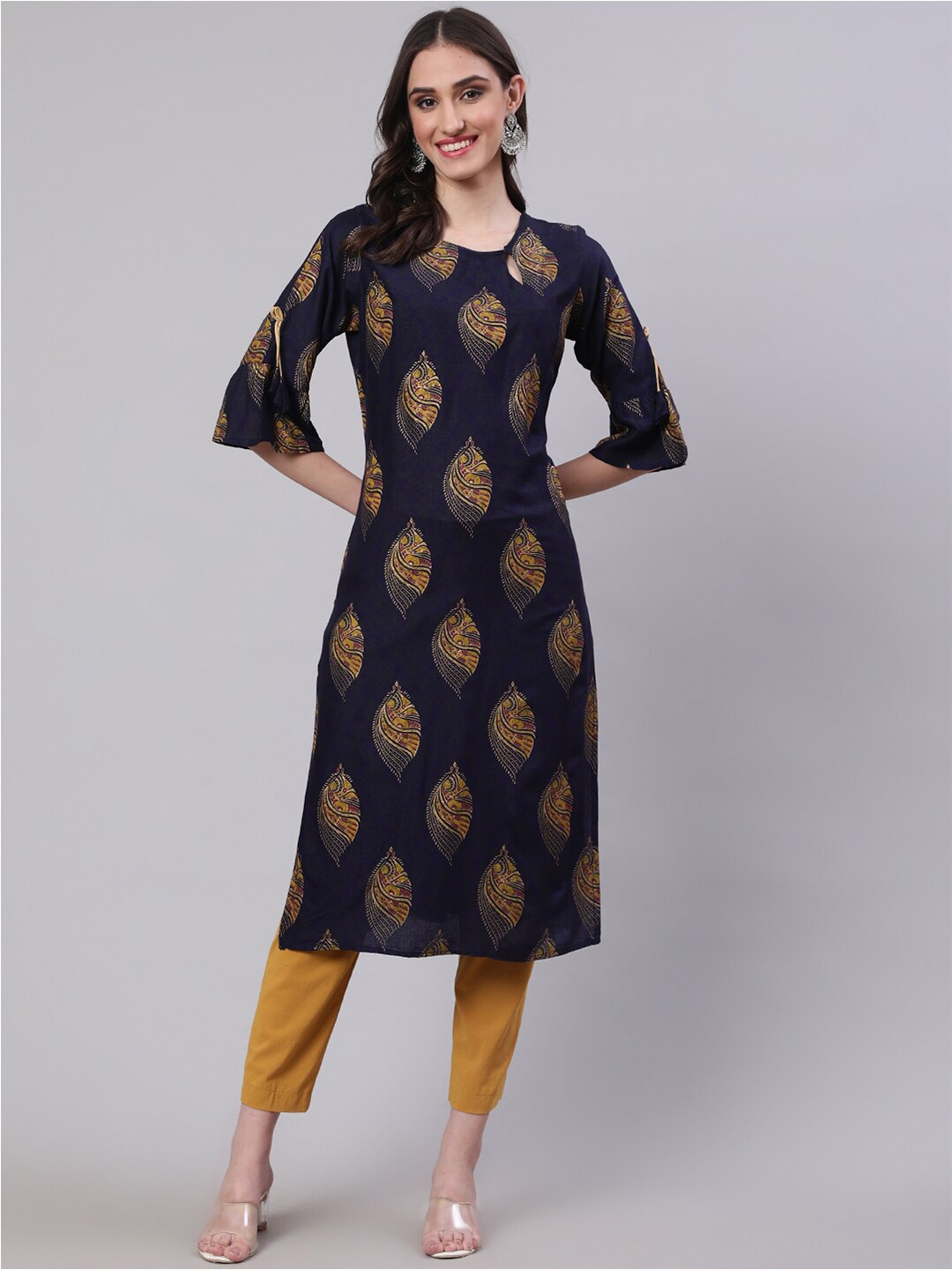 

SAK JAIPUR Ethnic Motifs Printed Keyhole Neck Bell Sleeves Kurta, Navy blue