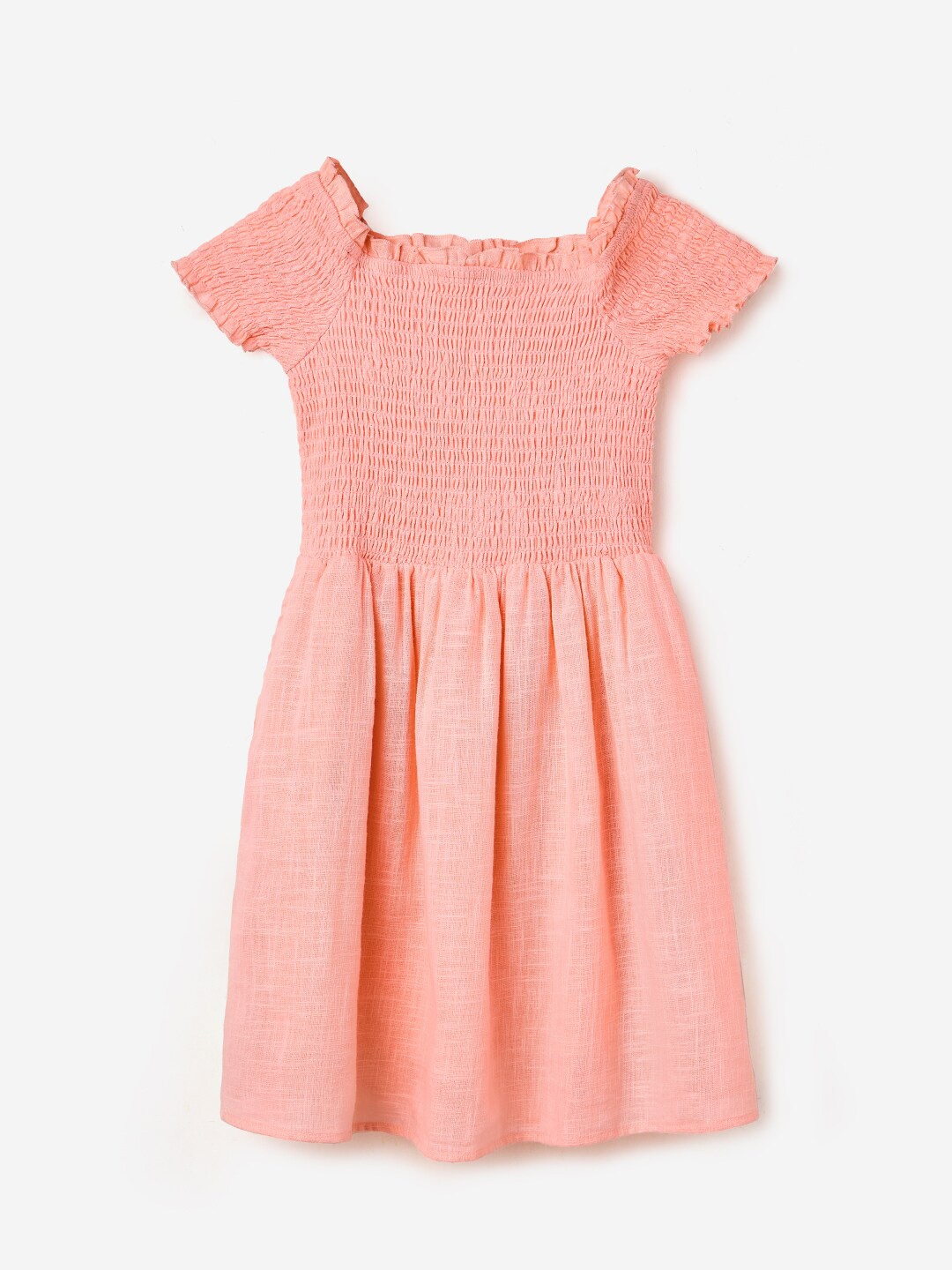 

The Souled Store Peach-Coloured Square Neck Smocked Pure Cotton Fit & Flare Dress