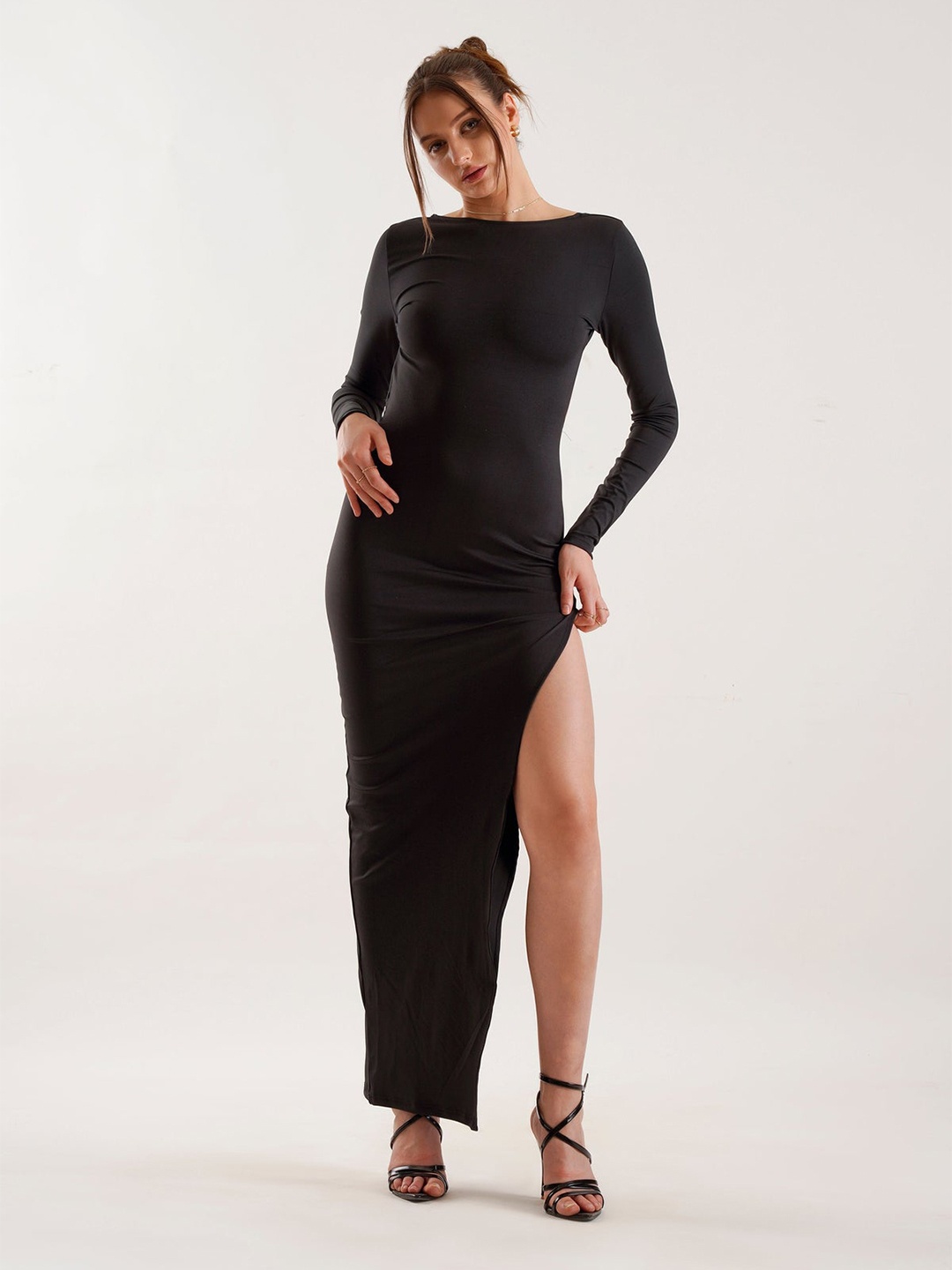 

Outcast Boat Neck Backless Bodycon Maxi Polyester Dress, Black