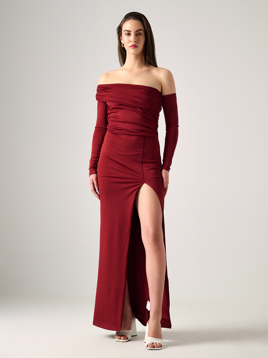 

Outcast Off Shoulder Ruched Maxi Dress, Maroon