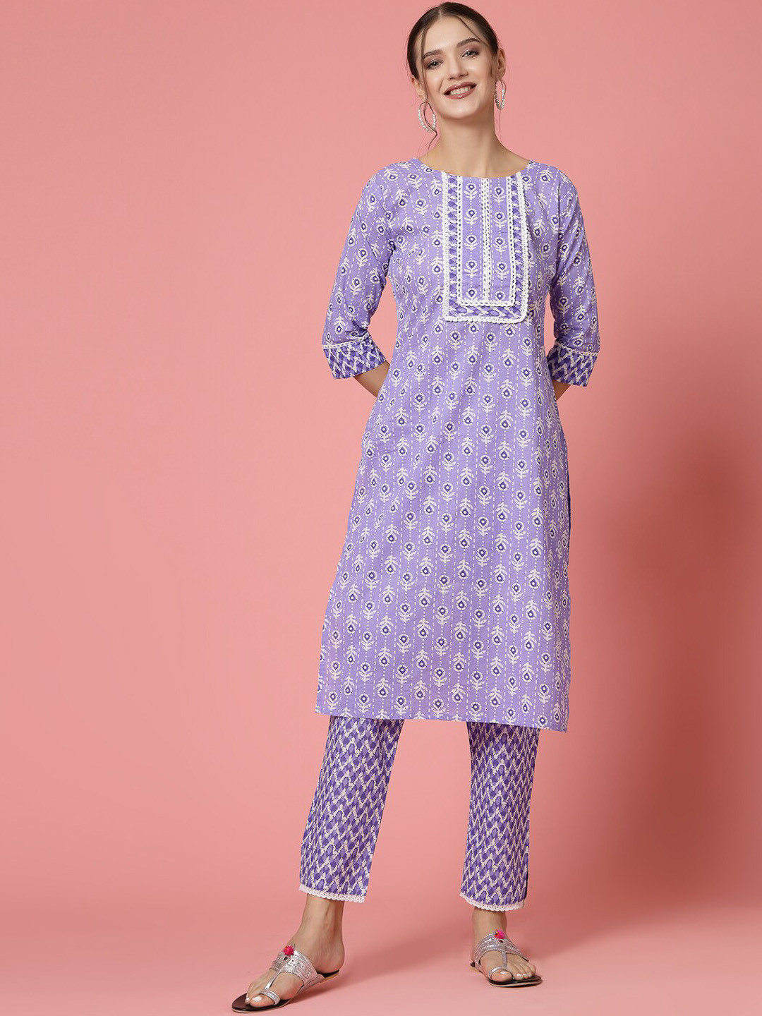 

KALINI Floral Printed Regular Gotta Patti Pure Cotton Kurta With Trousers & Dupatta, Purple