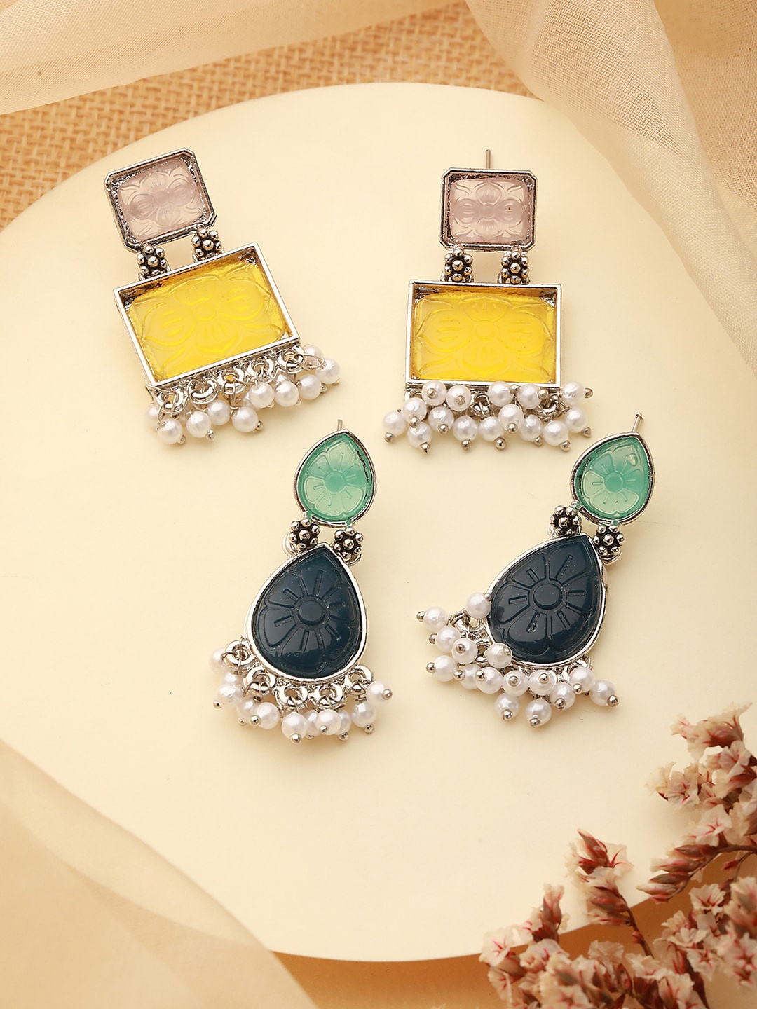 

Jazz and Sizzle Set Of 2 Silver-Plated Geometric Stone Studded & Beaded Drop Earrings