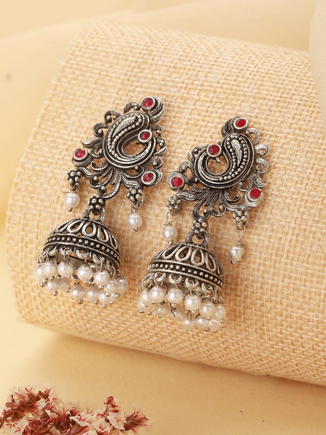 

Jazz and Sizzle Silver-Plated Peacock Shaped Stone Studded & Beaded Jhumkas