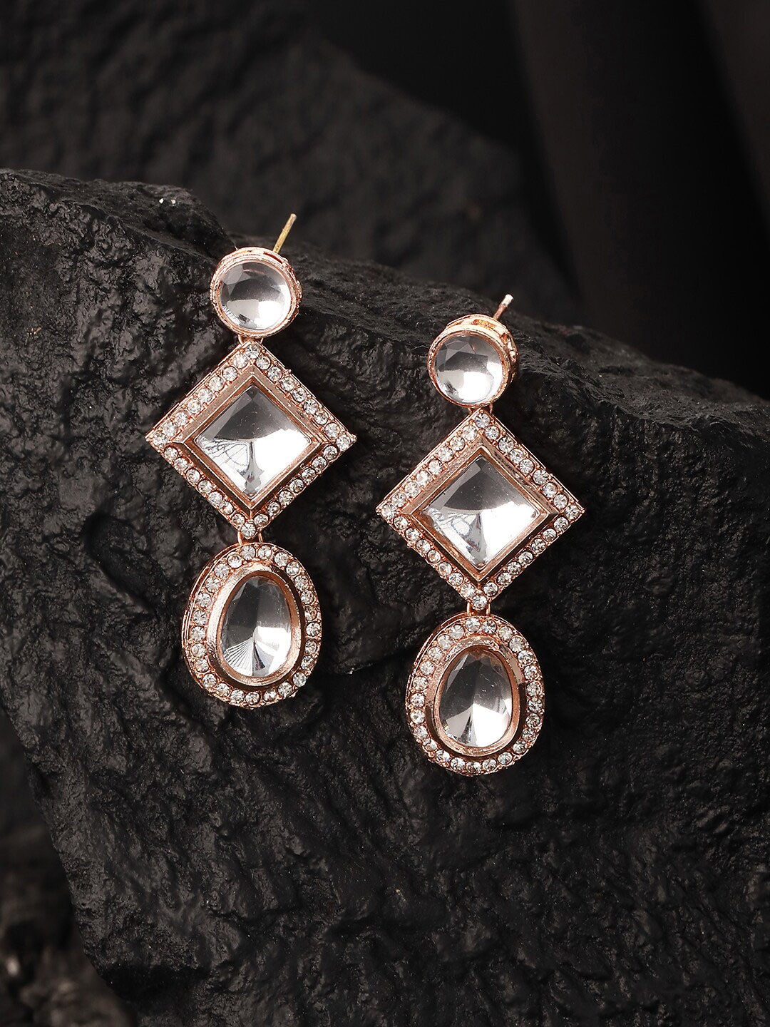 

Jazz and Sizzle Rose Gold Plated Geometric CZ-Studded Drop Earrings