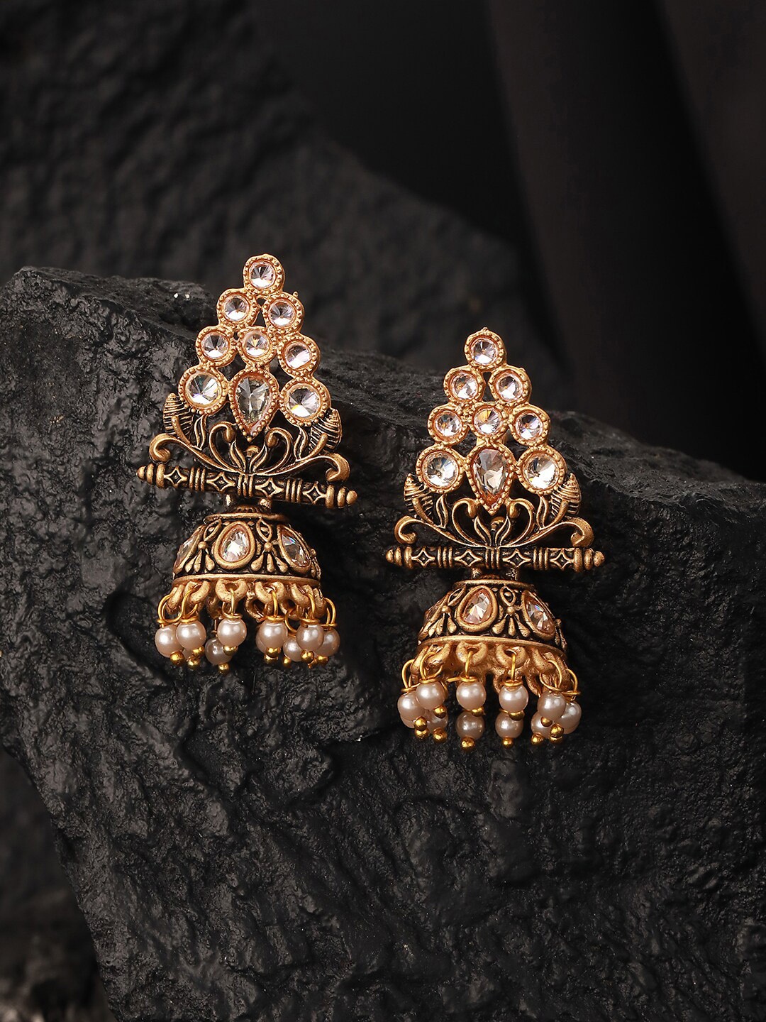 

Jazz and Sizzle Gold-Plated Triangular Kundan Studded & Beaded Jhumkas