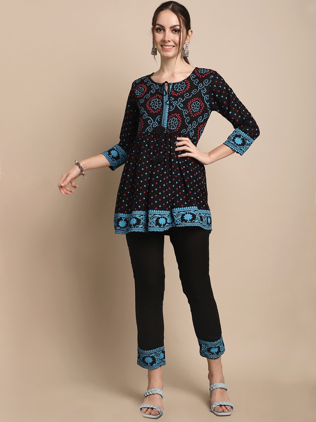 

ANAISA Bandhani Printed Tie-Up Neck A-Line Kurti with Trousers, Black