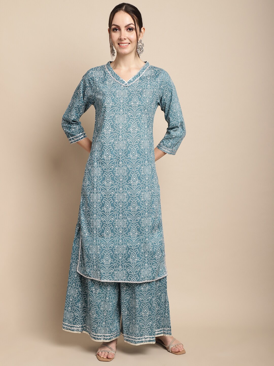 

ANAISA Bandhani Printed Gotta Patti Pure Cotton Straight Kurta With Sharara, Blue