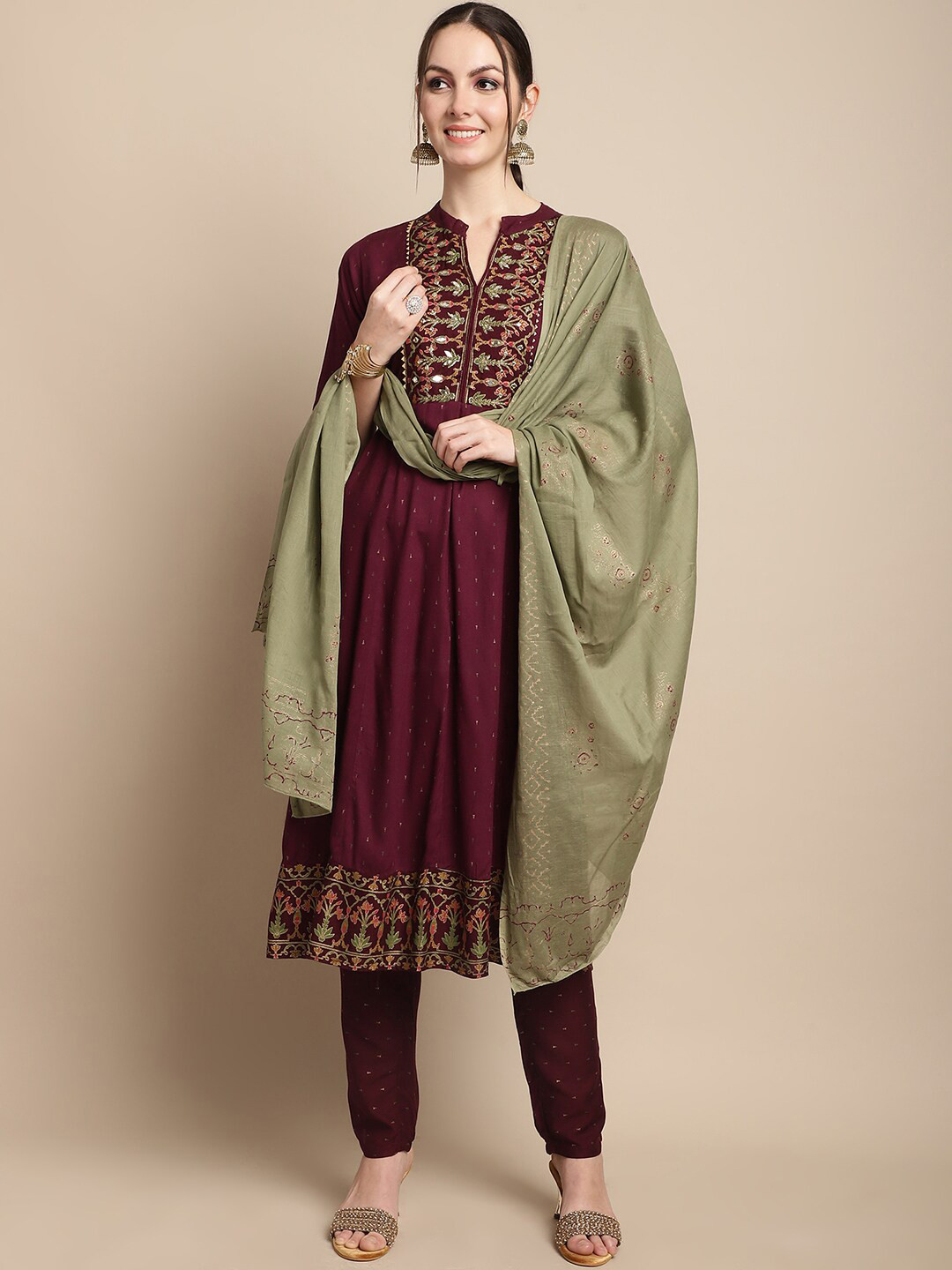 

ANAISA Floral Printed Mirror Work Gotta Patti A-Line Kurta & Trousers With Dupatta, Maroon