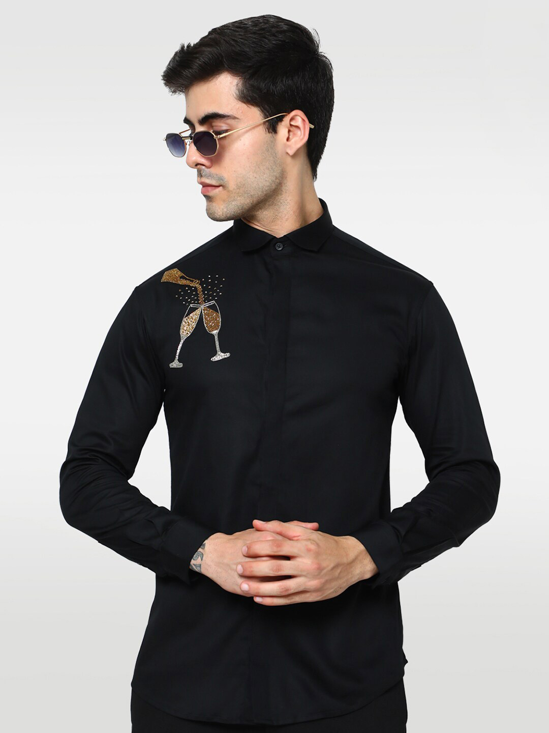 

Komal Kothari Edgy Slim Fit Spread Collar Embellished Cotton Casual Shirt, Black