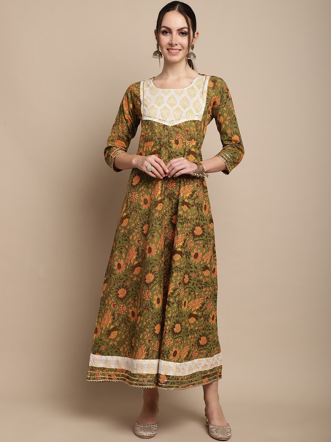 

ANAISA Floral Printed Round Neck Cotton A-Line Ethnic Dress, Green