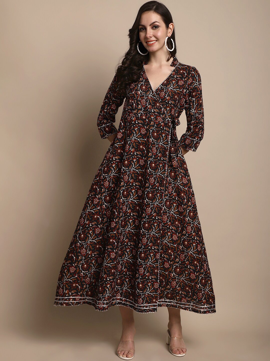 

ANAISA Floral Printed V-Neck A-Line Ethnic Dress, Black