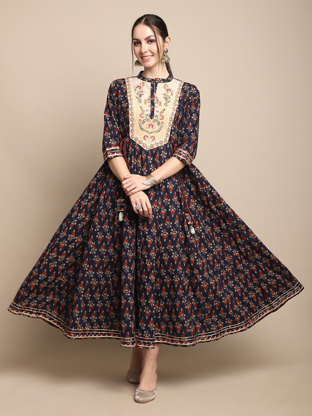 

ANAISA Ethnic Motifs Printed Mandarin Collar Cotton Ethnic Dress, Blue