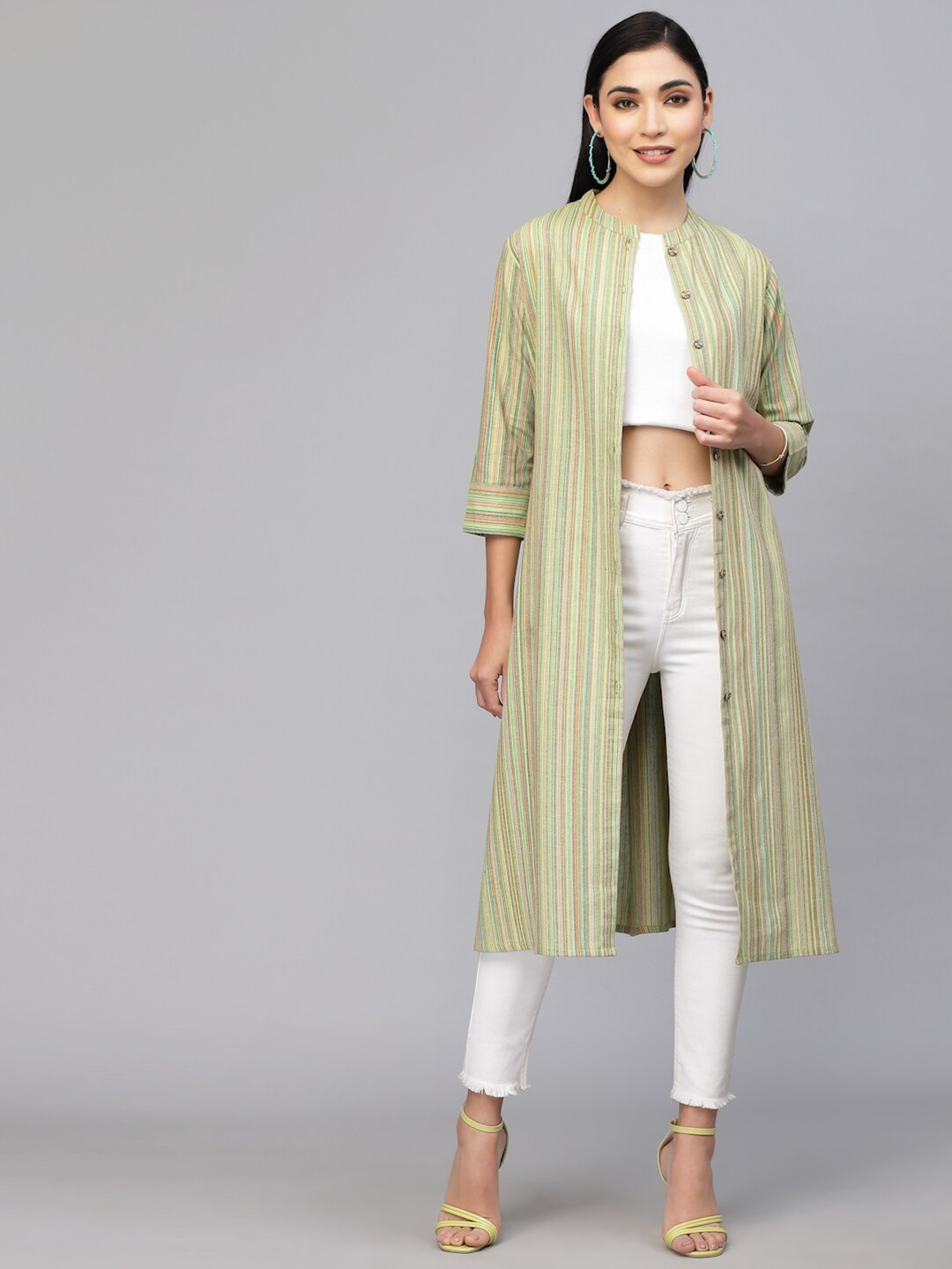 

LARGISH Striped Cotton Longline Button Shrug, Green