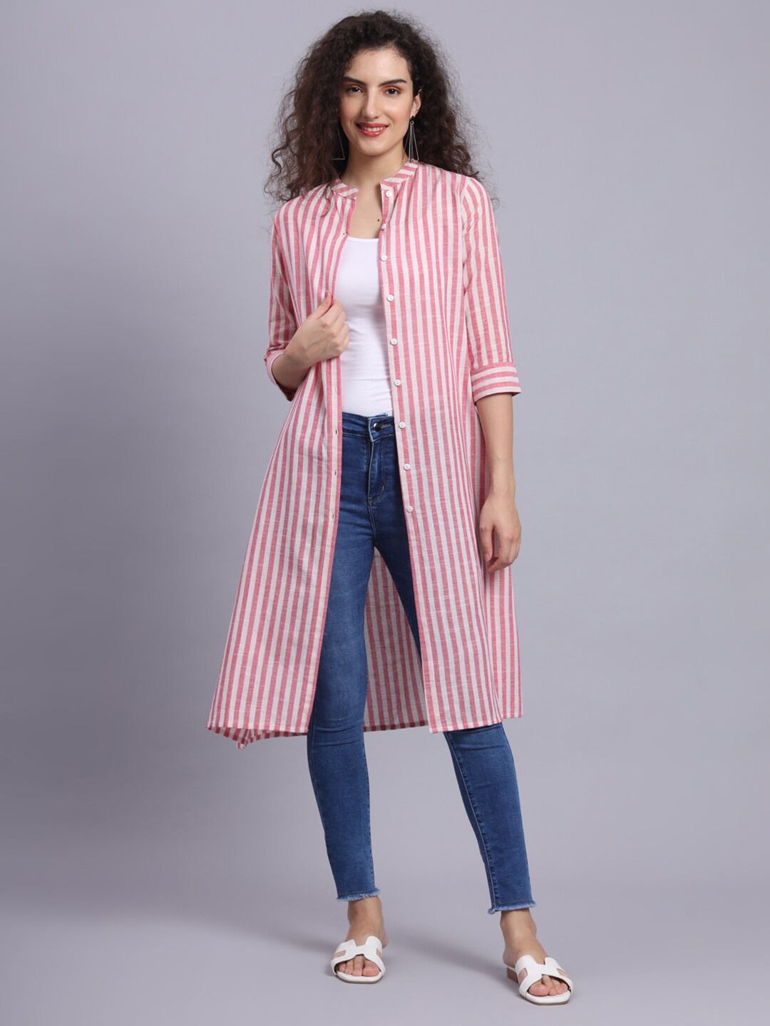 

LARGISH Striped Cotton Longline Button Shrug, Pink