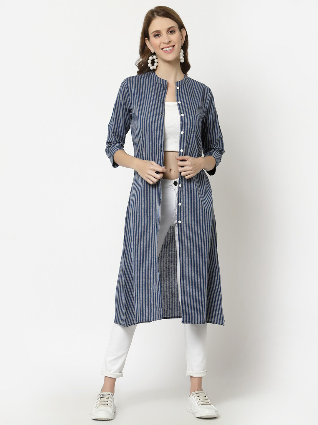 

LARGISH Striped Cotton Longline Button Shrug, Blue