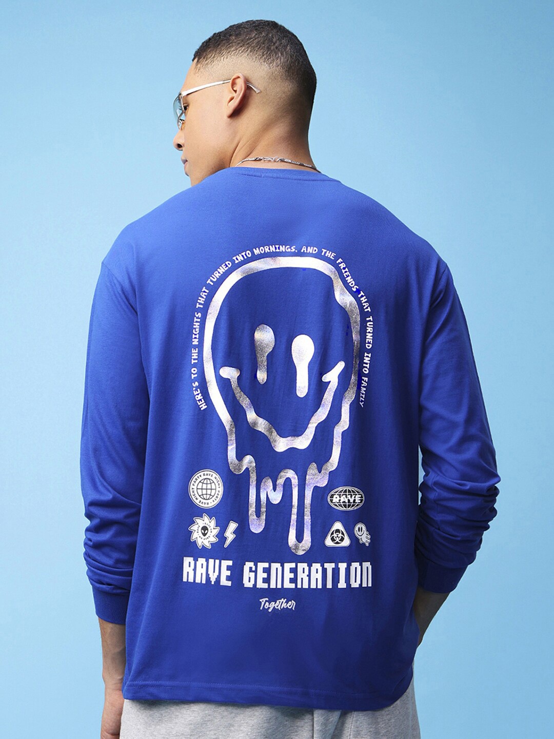 Bewakoof Blue & White Printed Pure Cotton Oversized T-shirt