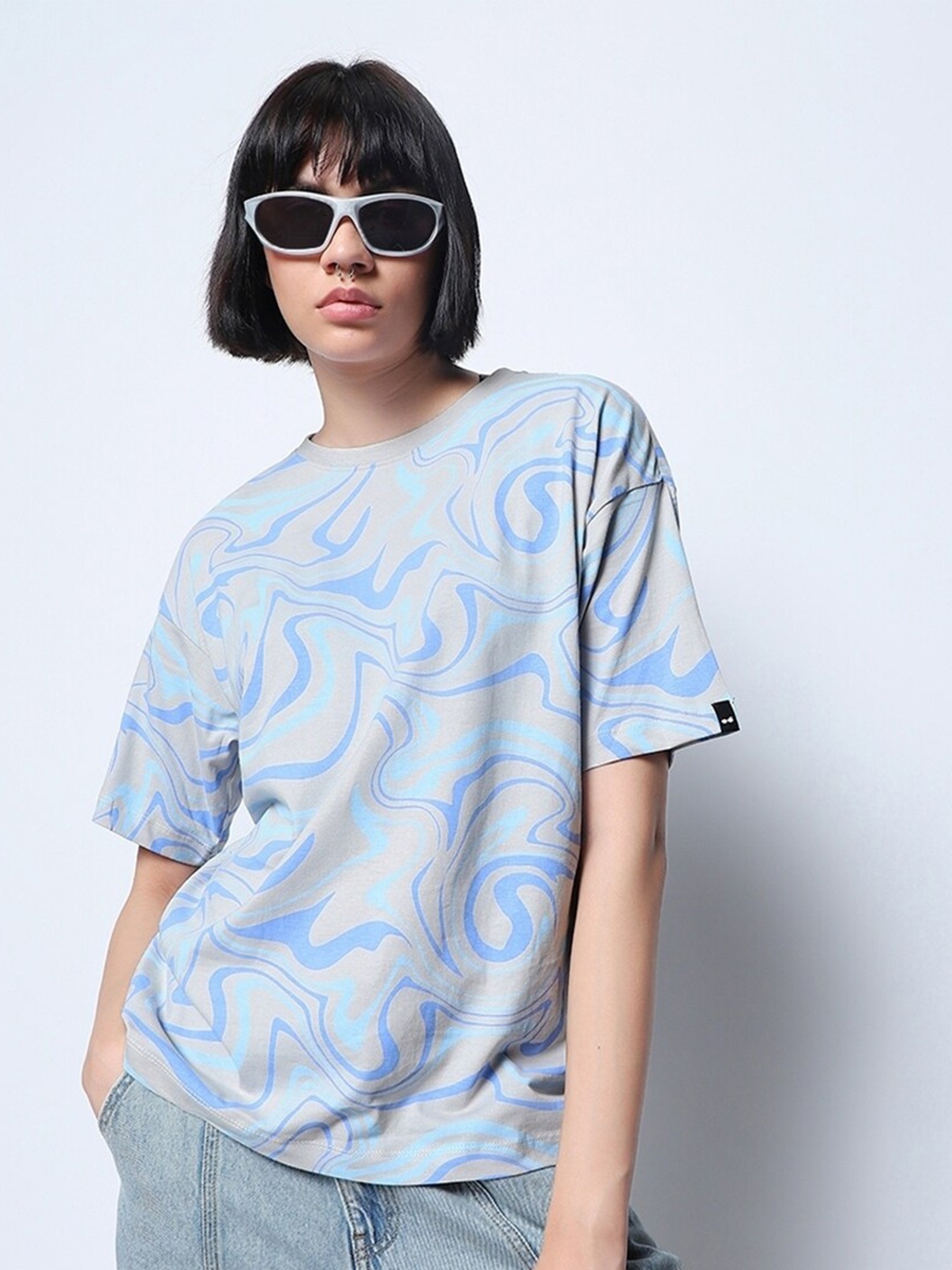 

Bewakoof Blue & Grey Printed Pure Cotton Oversized T-shirt