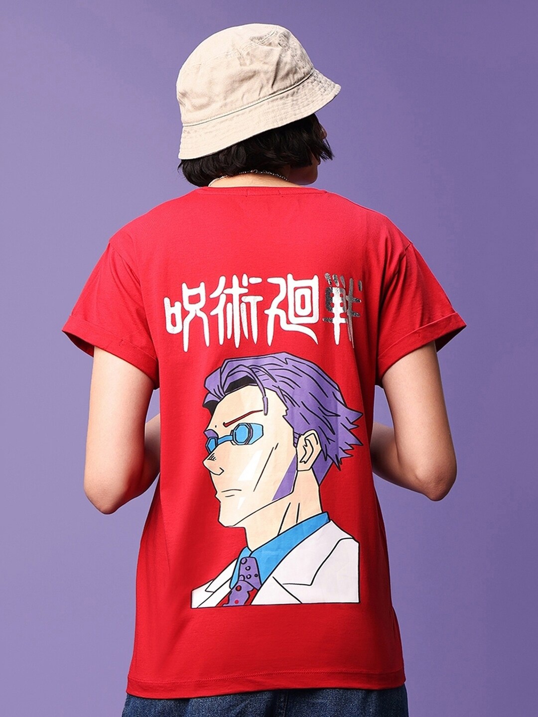 

Bewakoof Red & White Kento Nami Printed Pure Cotton Boyfriend T-shirt