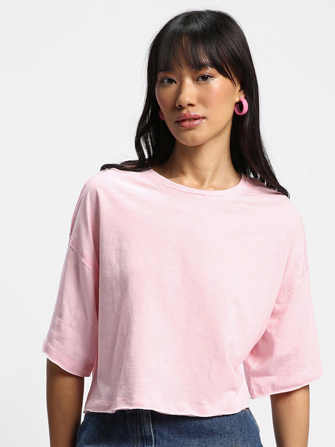 

Bewakoof Air 1.0 Round Neck Oversized Cotton Crop T-Shirt, Pink