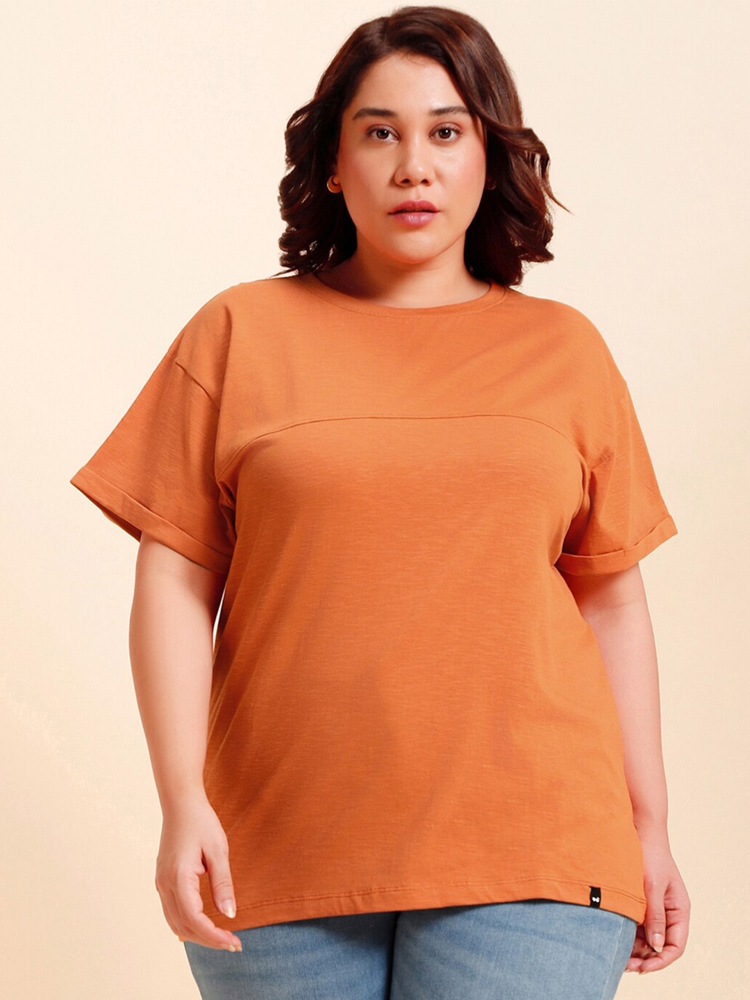 

Bewakoof AIR Plus Size Round Neck Cotton Boyfriend T-shirt, Orange