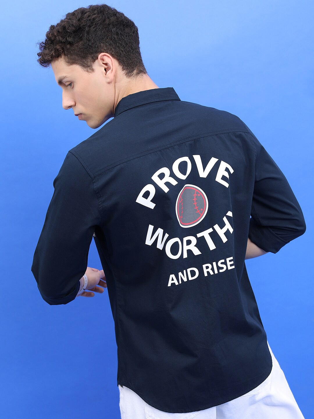 

KETCH Navy Blue Slim Fit Typography Printed Cotton Casual Shirt