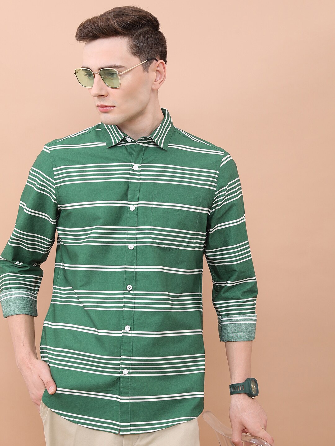 

KETCH Green Slim Fit Horizontal Striped Cotton Casual Shirt