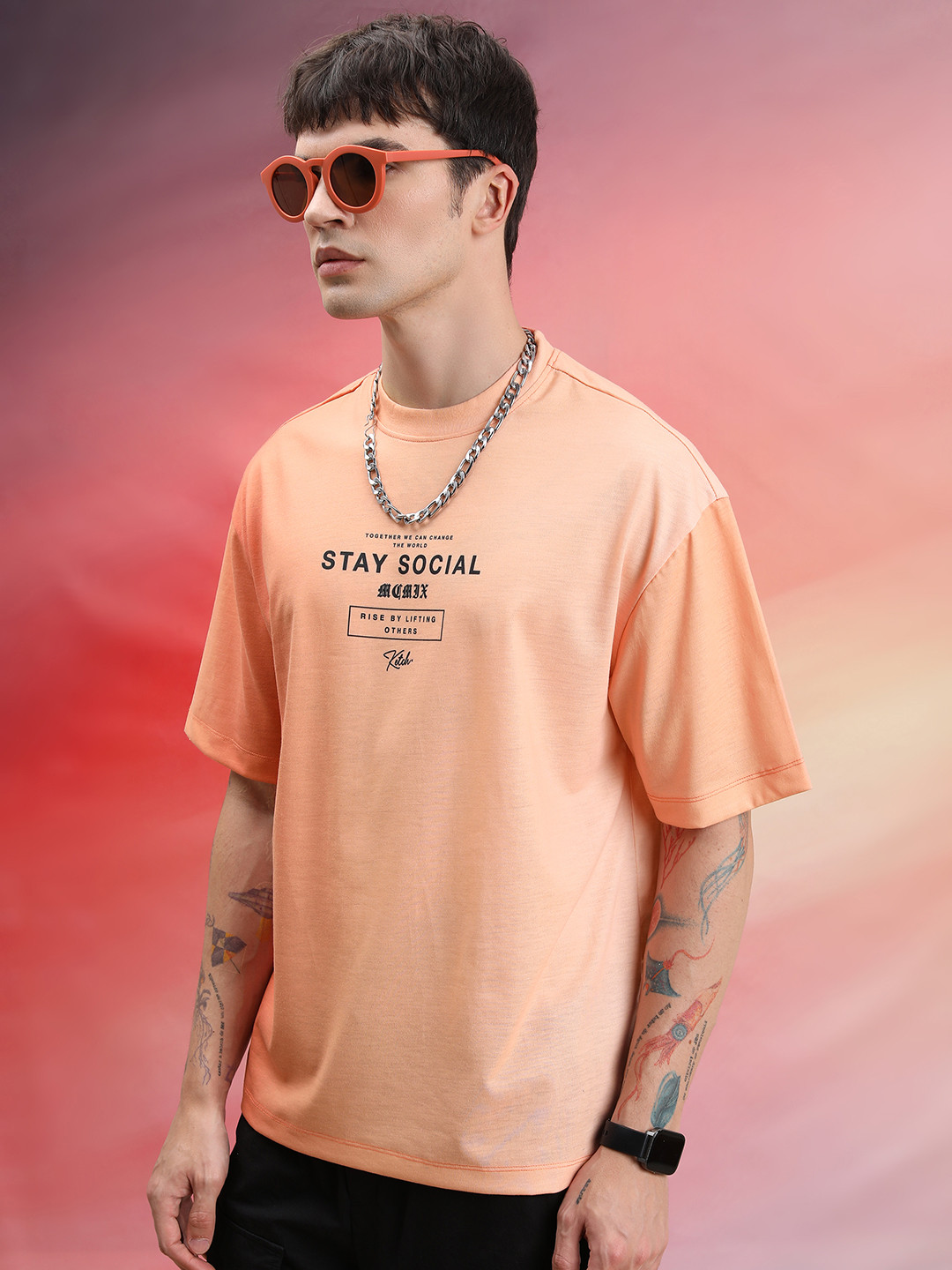 

KETCH Typography Printed Round Neck Oversized T-shirt, Coral
