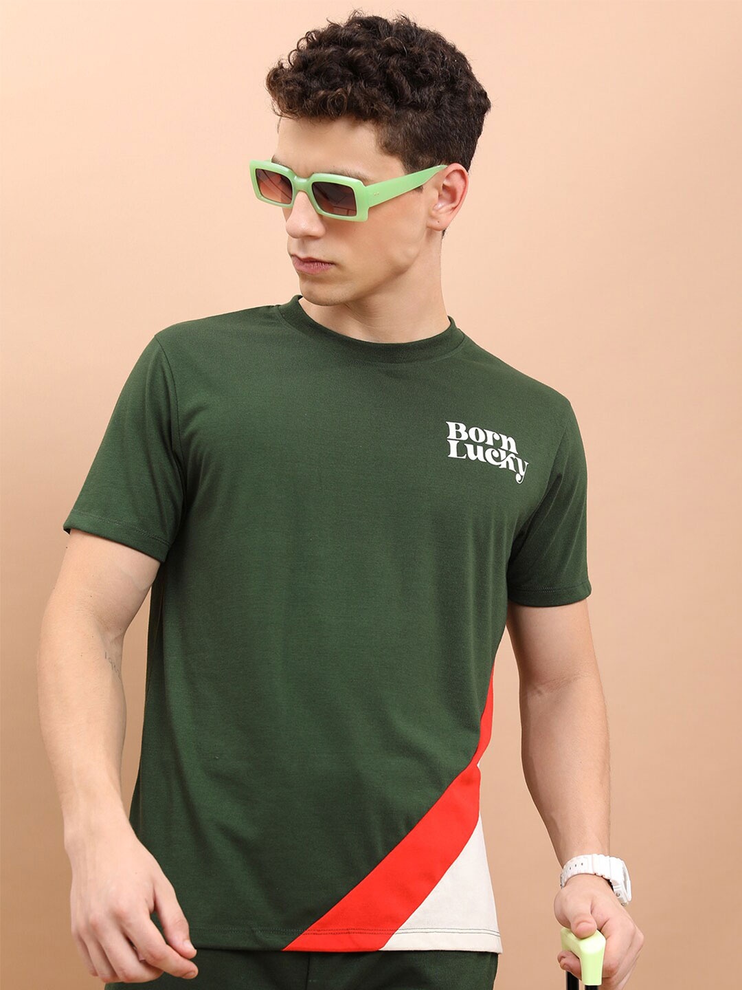 KETCH Colourblocked Round Neck Relaxed Fit T-shirt, Olive