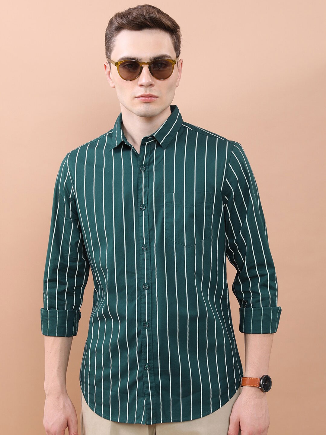 

KETCH Green Slim Fit Vertical Striped Cotton Casual Shirt