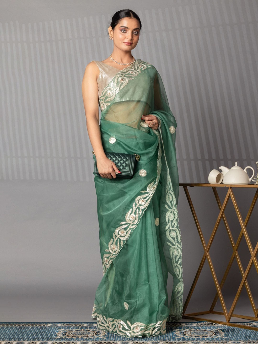

ZARI Foil Printed Embroidered Organza Saree With unstitched blouse piece, Green