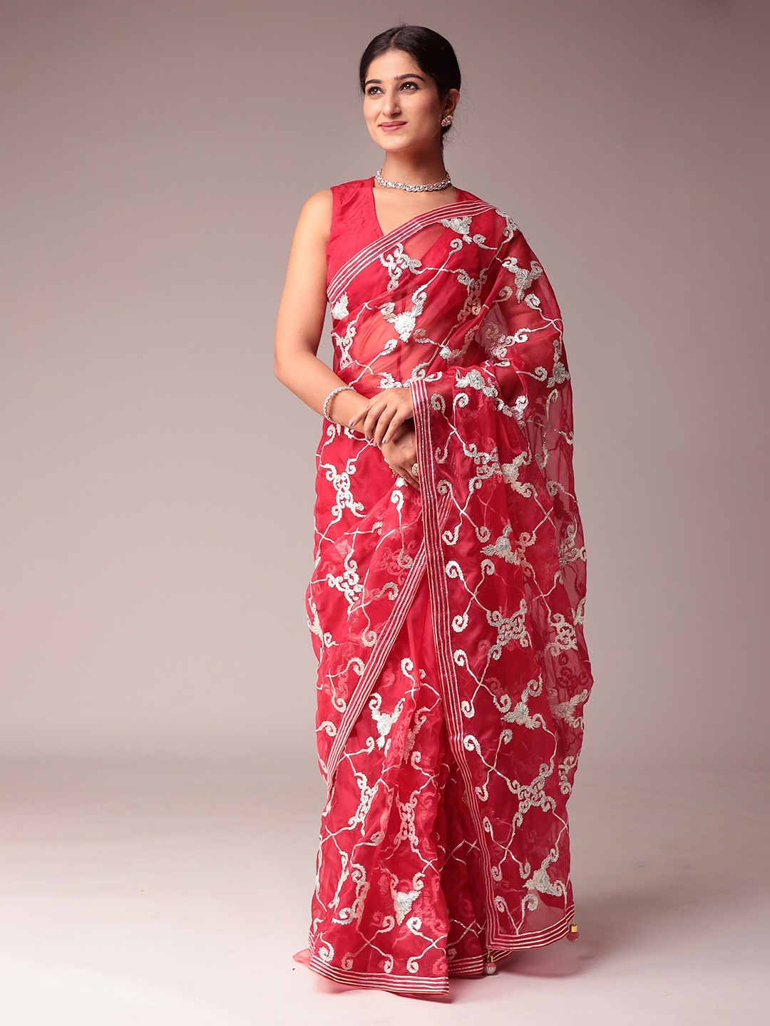 

ZARI Embroidered Organza Heavy Work Saree, Red