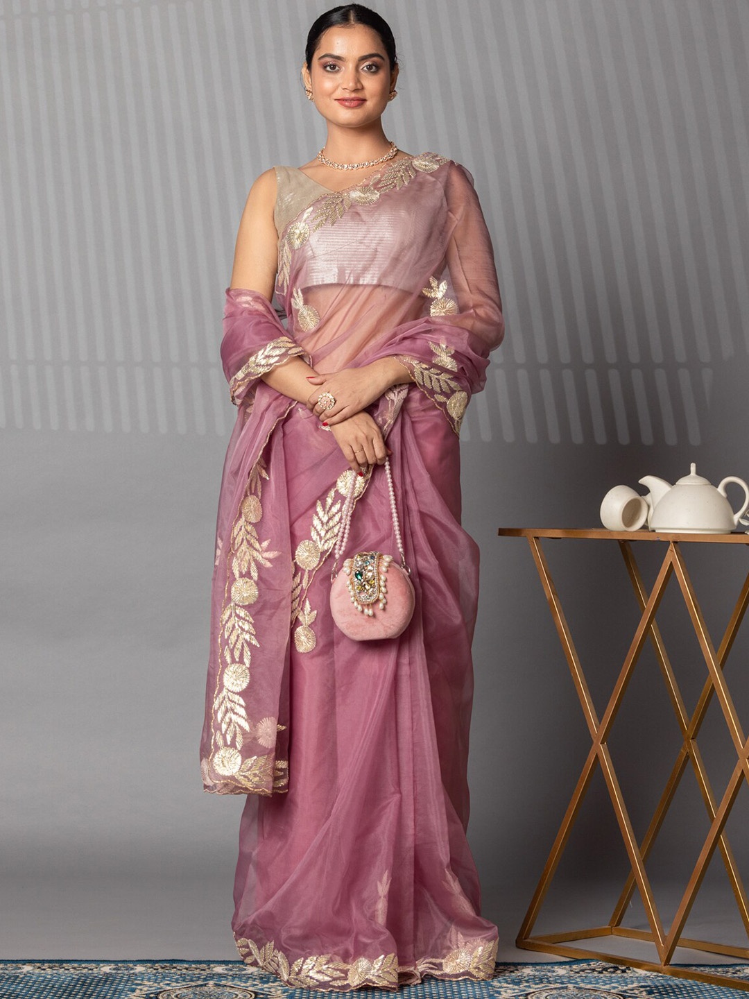 

ZARI Foil Printed Embroidered Organza Saree With unstitched blouse piece, Purple