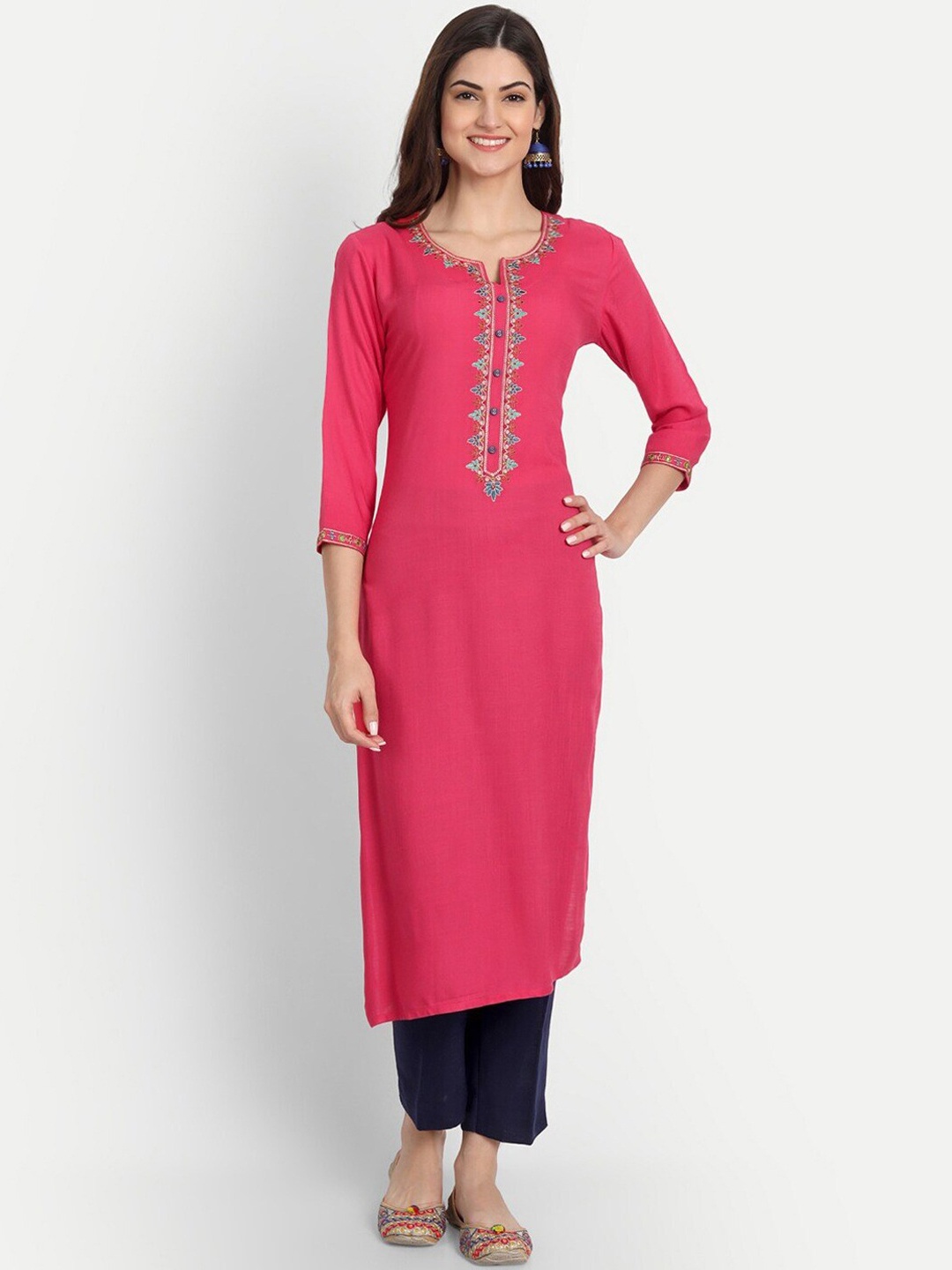 

SUTI Ethnic Motifs Embroidered Straight Kurta, Coral
