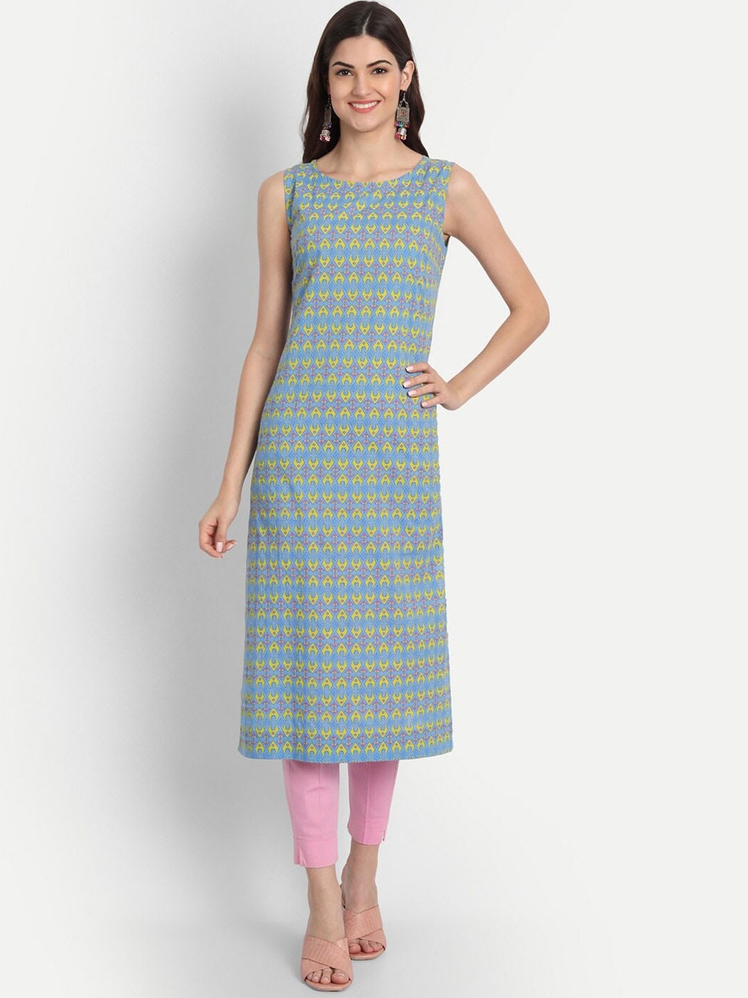 SUTI Geometric Printed Round Neck Cotton Kurta, Blue