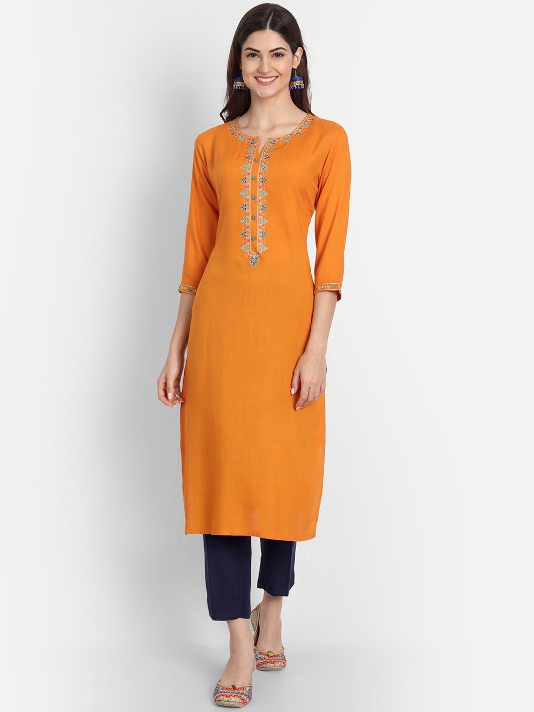 

SUTI Floral Embroidered Yoke Design Thread Work Straight Kurta, Orange