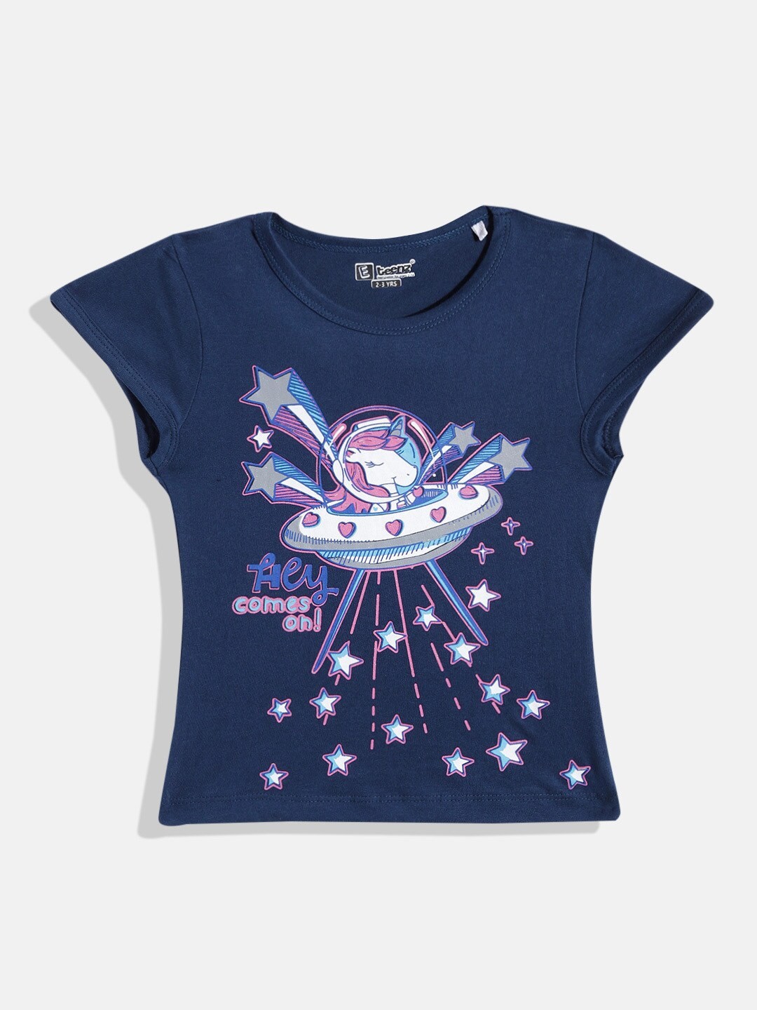 

Eteenz Girls Printed Pure Cotton T-shirt, Navy blue