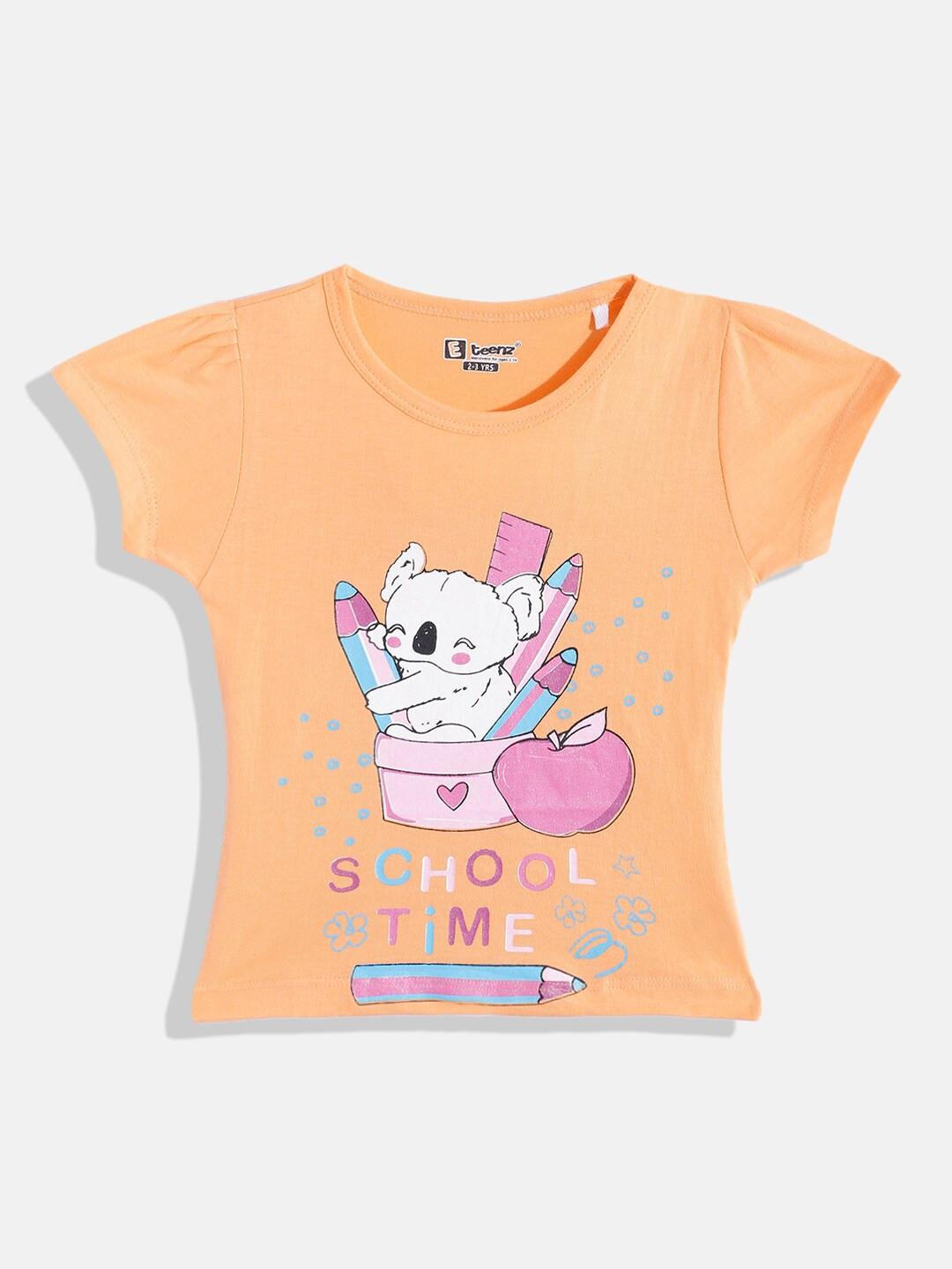 

Eteenz Girls Printed Puff Sleeves Cotton T-shirt, Orange