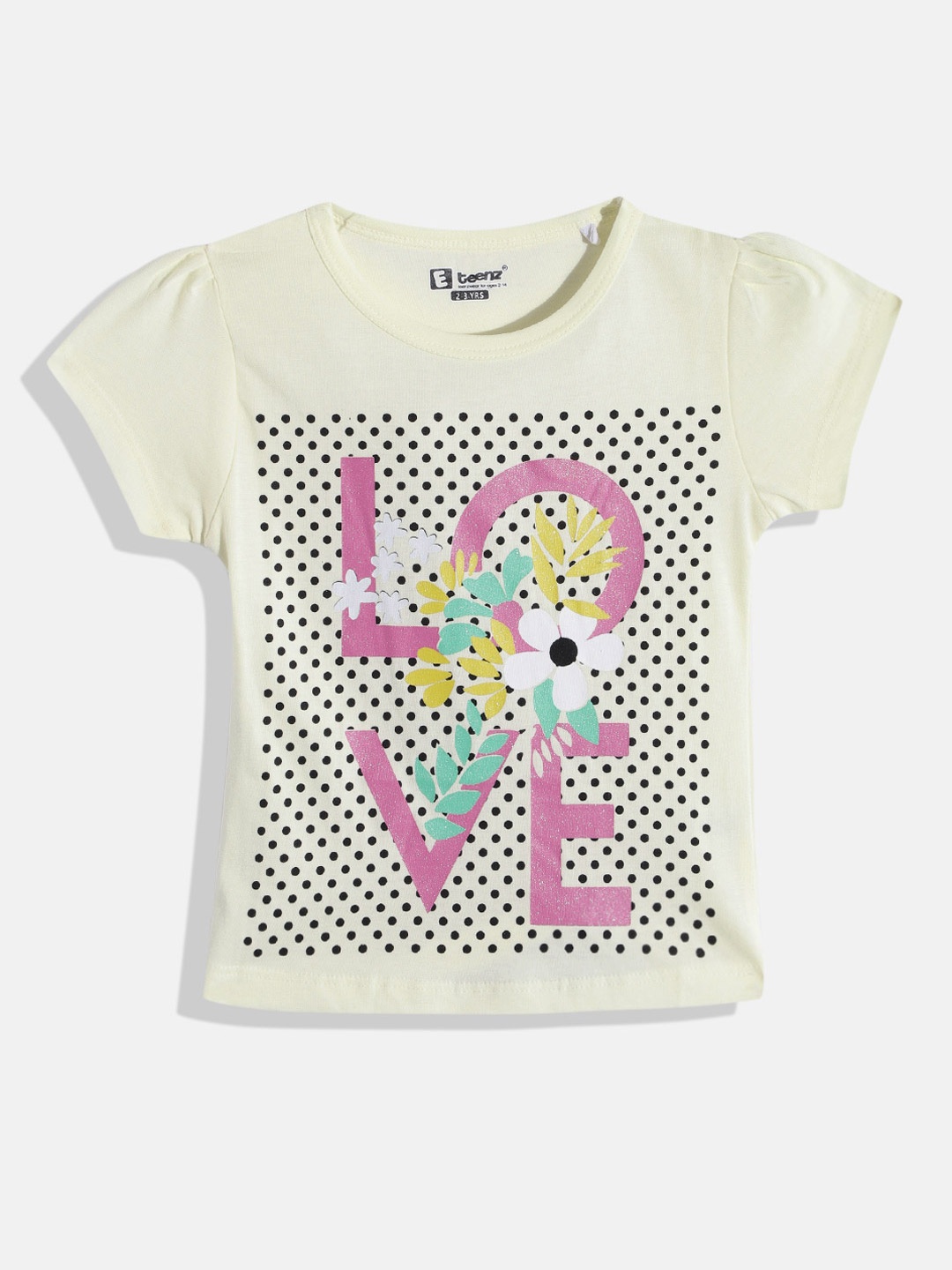 

Eteenz Girls Typography & Geometric Printed Premium Cotton T-shirt, Cream