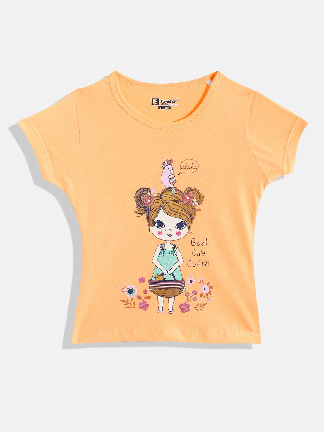 

Eteenz Girls Printed Cotton T-shirt, Orange