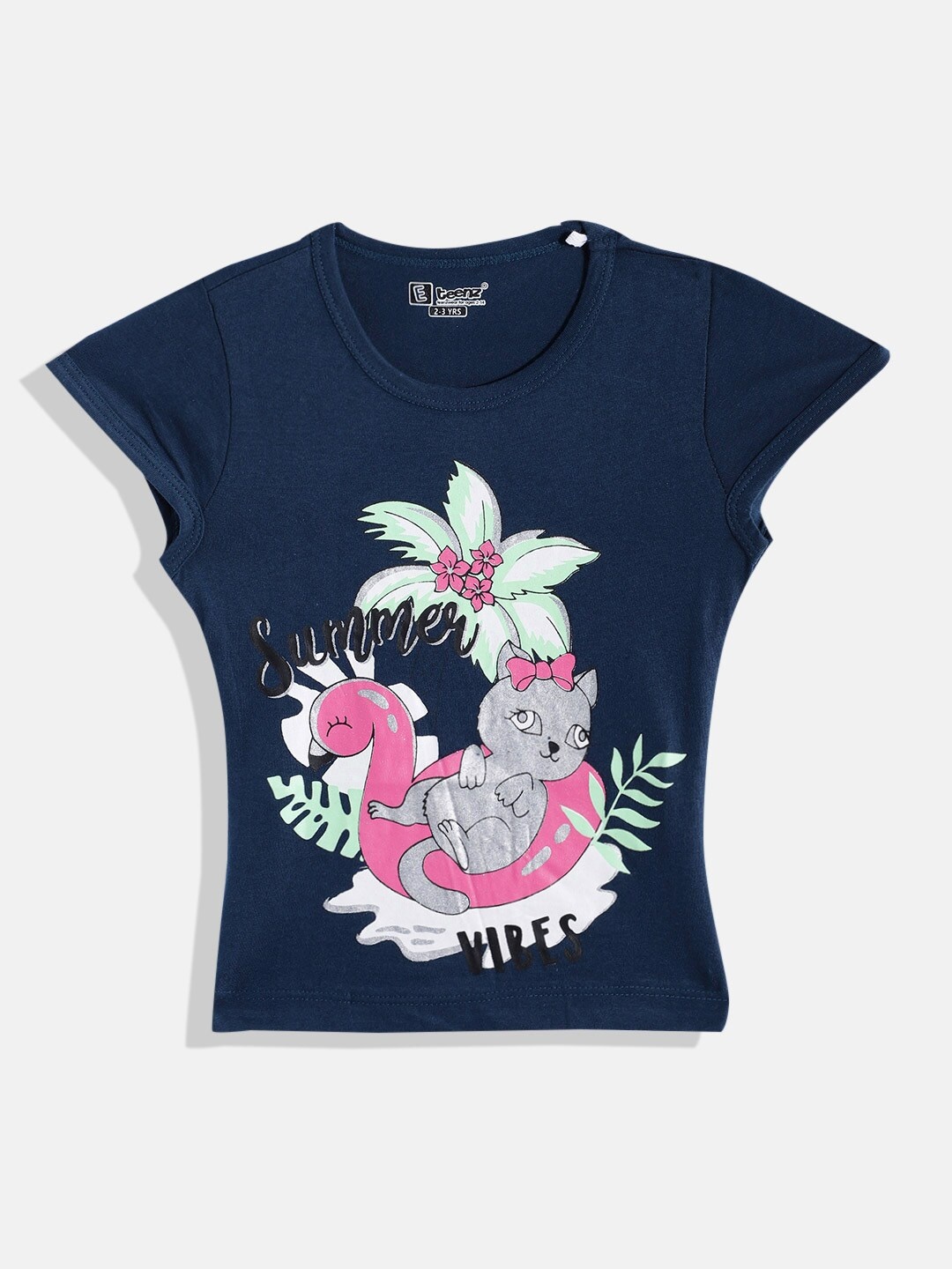 

Eteenz Girls Printed Cotton T-shirt, Navy blue