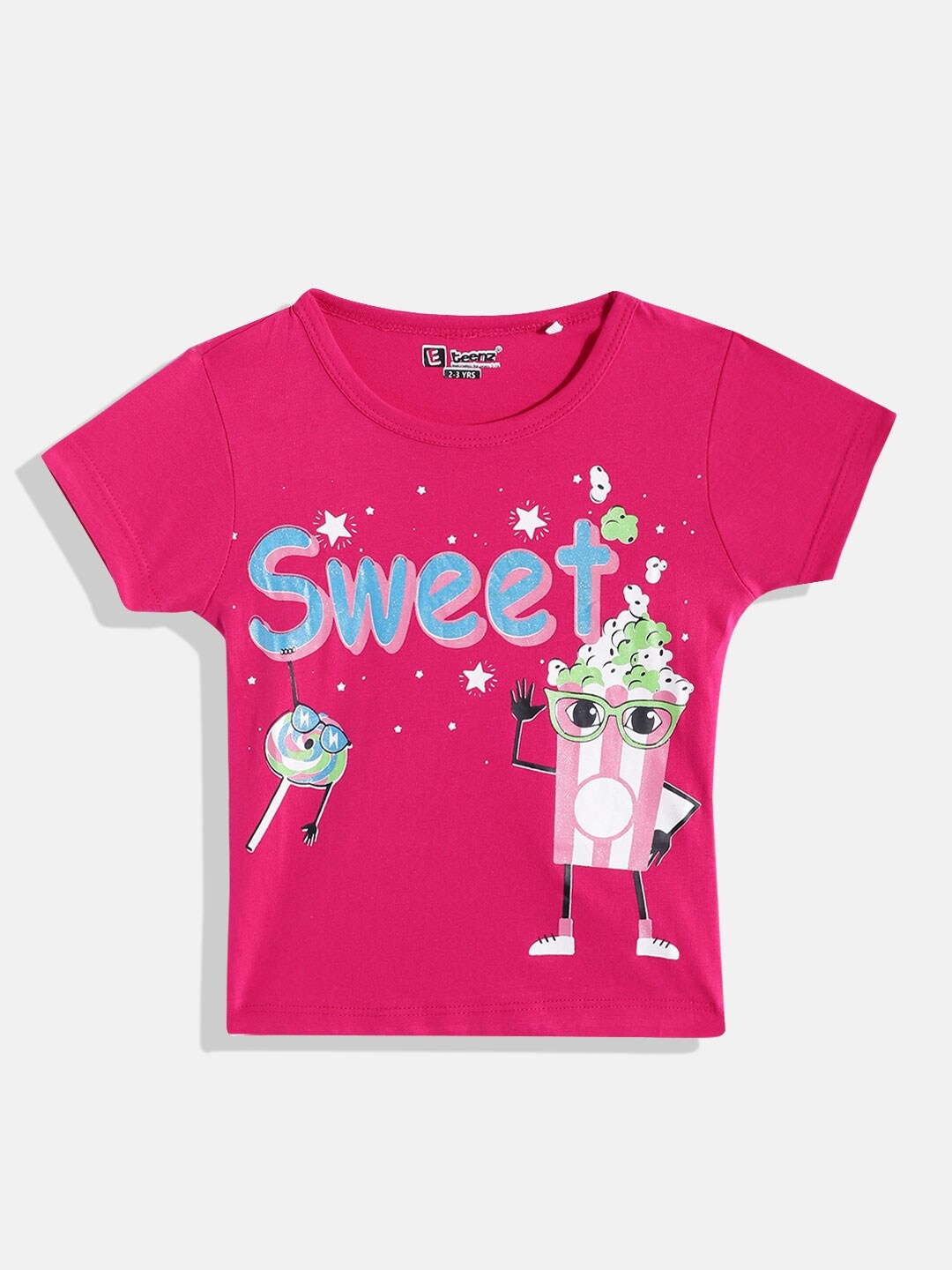 

Eteenz Girls Printed Pure Cotton T-shirt, Fuchsia